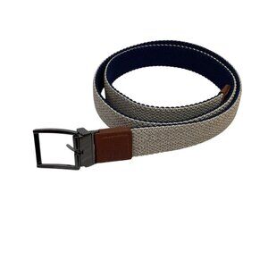 Tommy Bahamas Reversible Mens L/XL Stretch Woven Belt Beige Navy Leather Trim NW